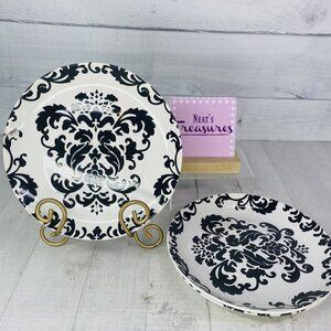 Studio D VERSAILES Black Scrolls White Coupe Round Stoneware Salad Plates Set 3
